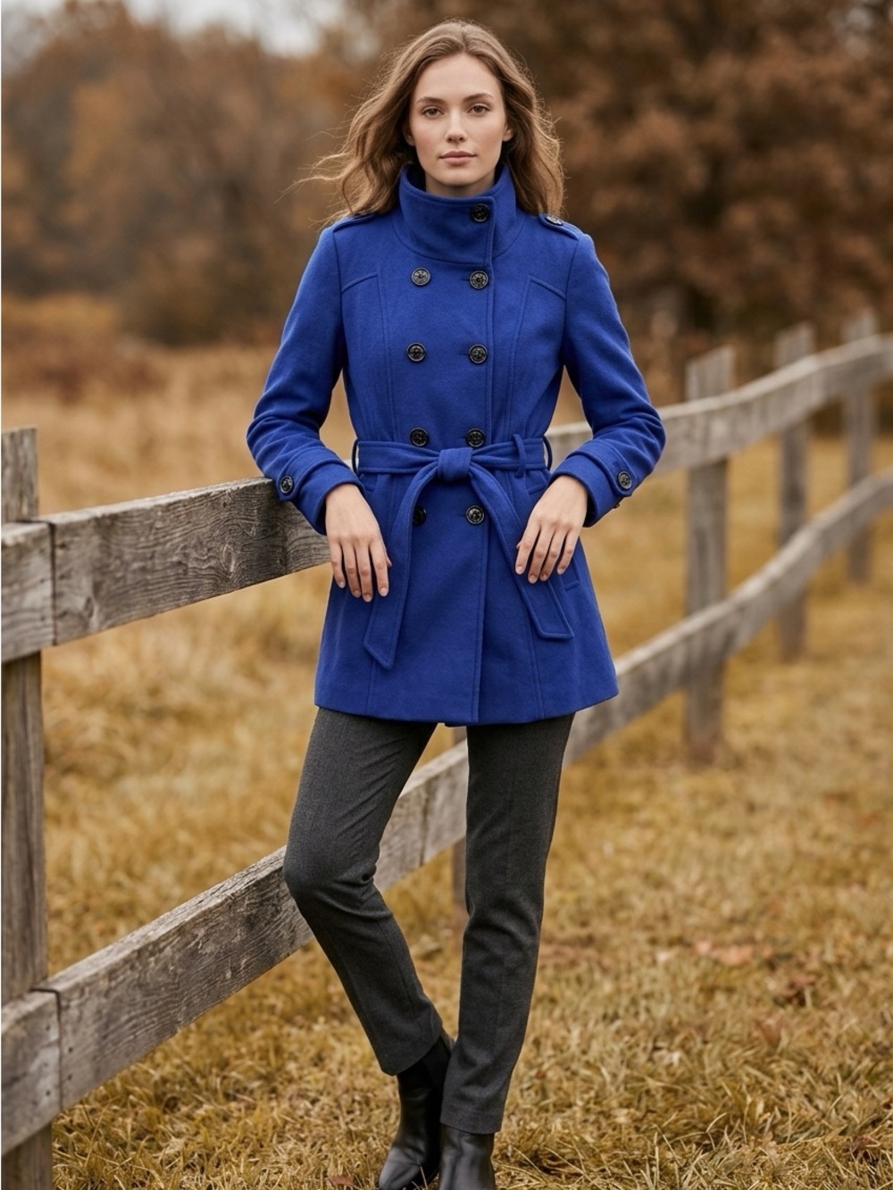Guess Royal Blue Double-Breasted Belted Pea Coat
